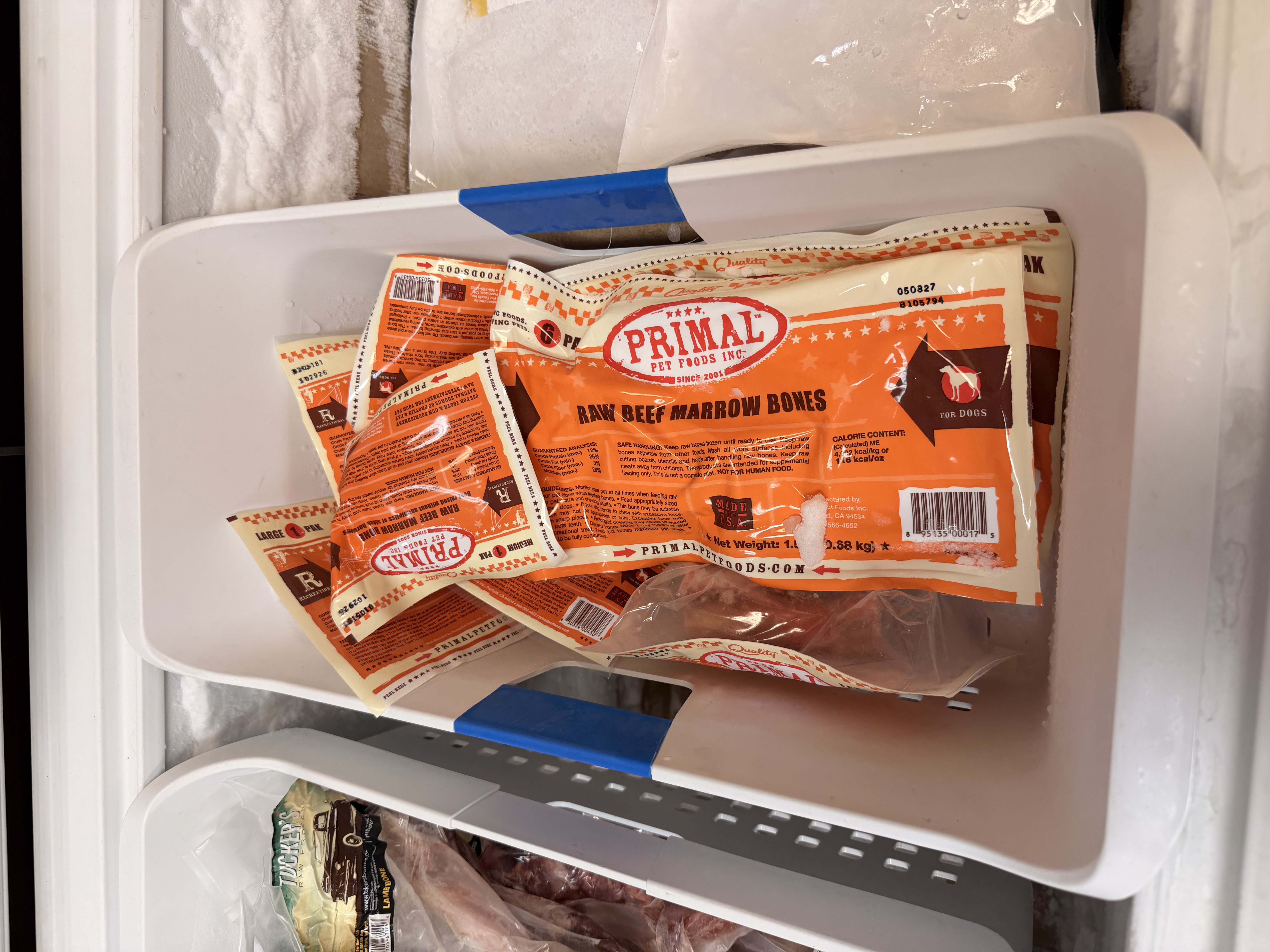 Primal raw beef marrow bones in the freezer